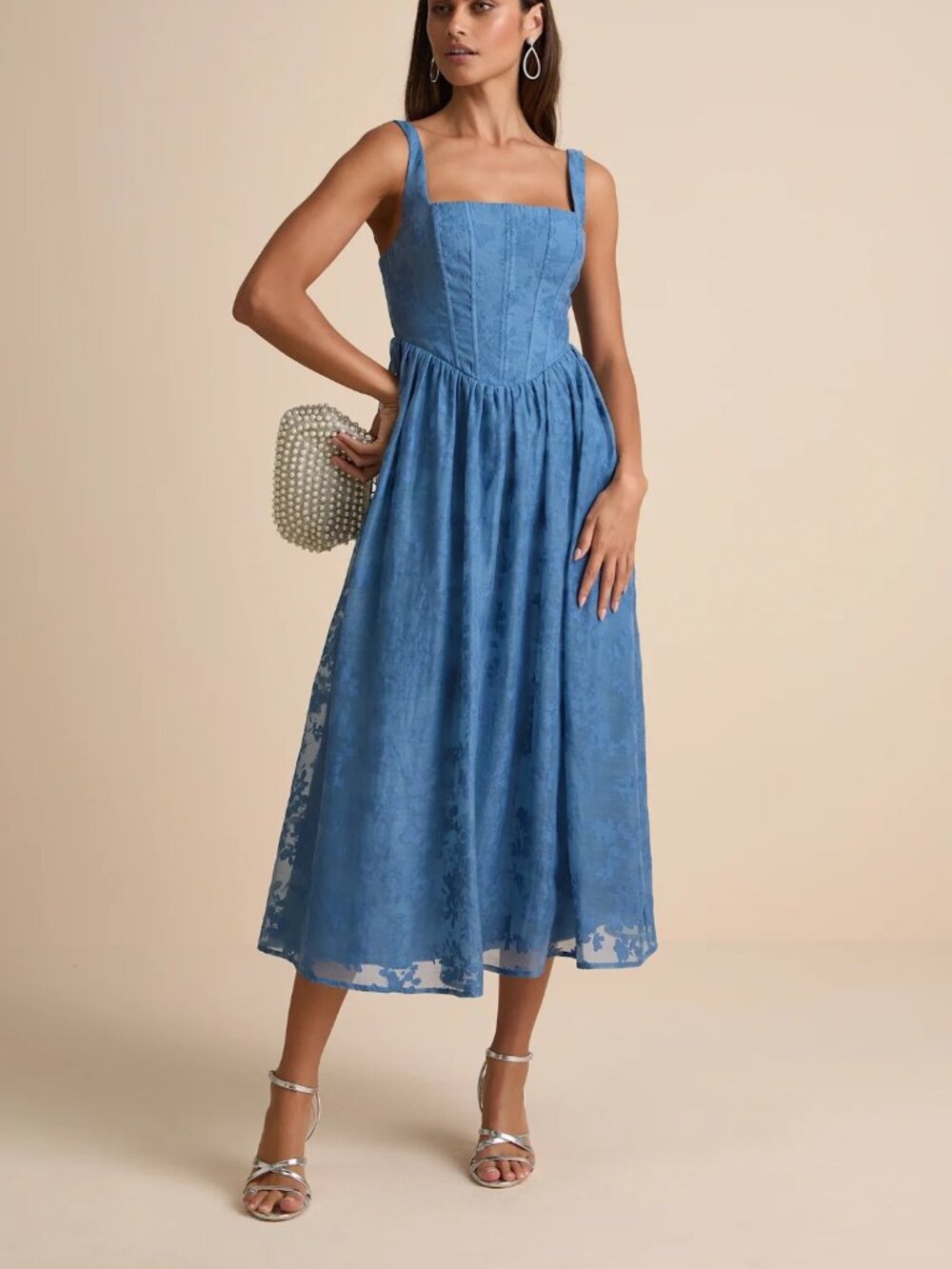 Lulus Colwyn Blue Floral Jacquard Bustier Midi Dress Size XXL